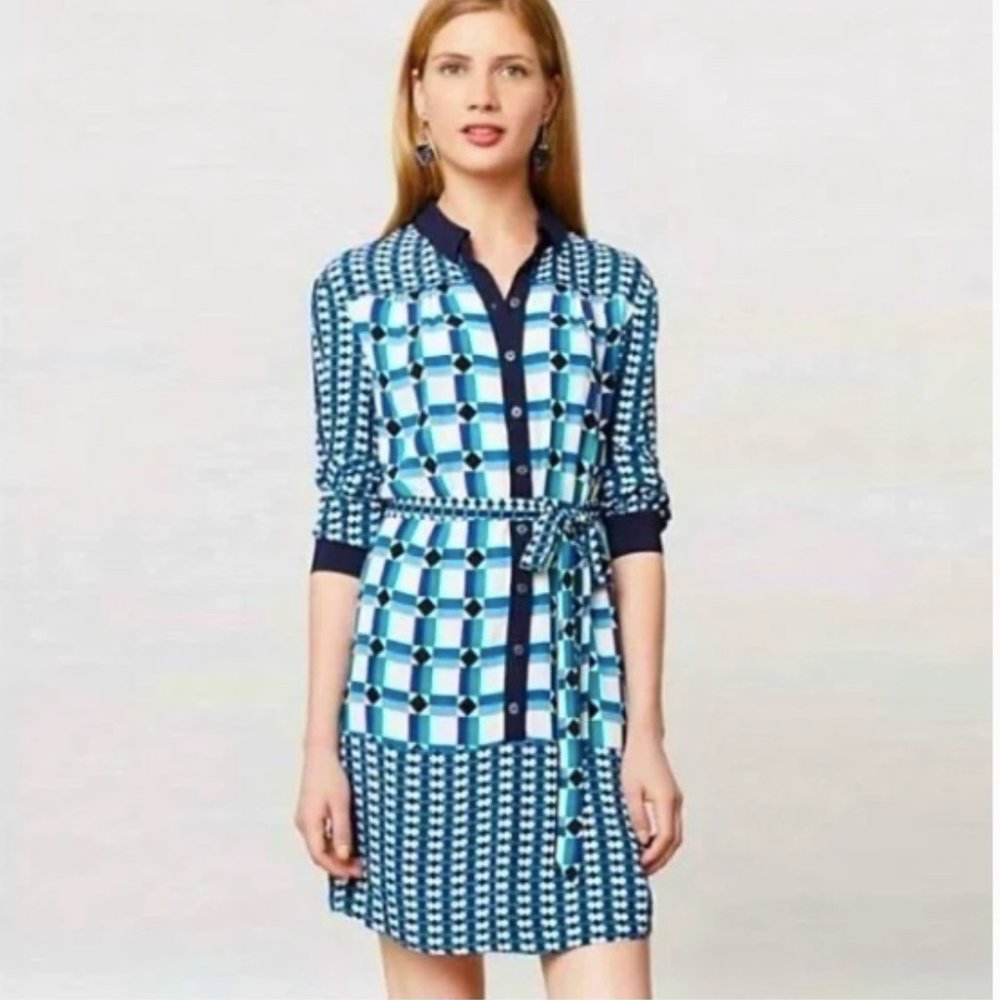 Maeve ANTHROPOLOGIE Geometric Print Button Front Tie Waist Shirt Dress